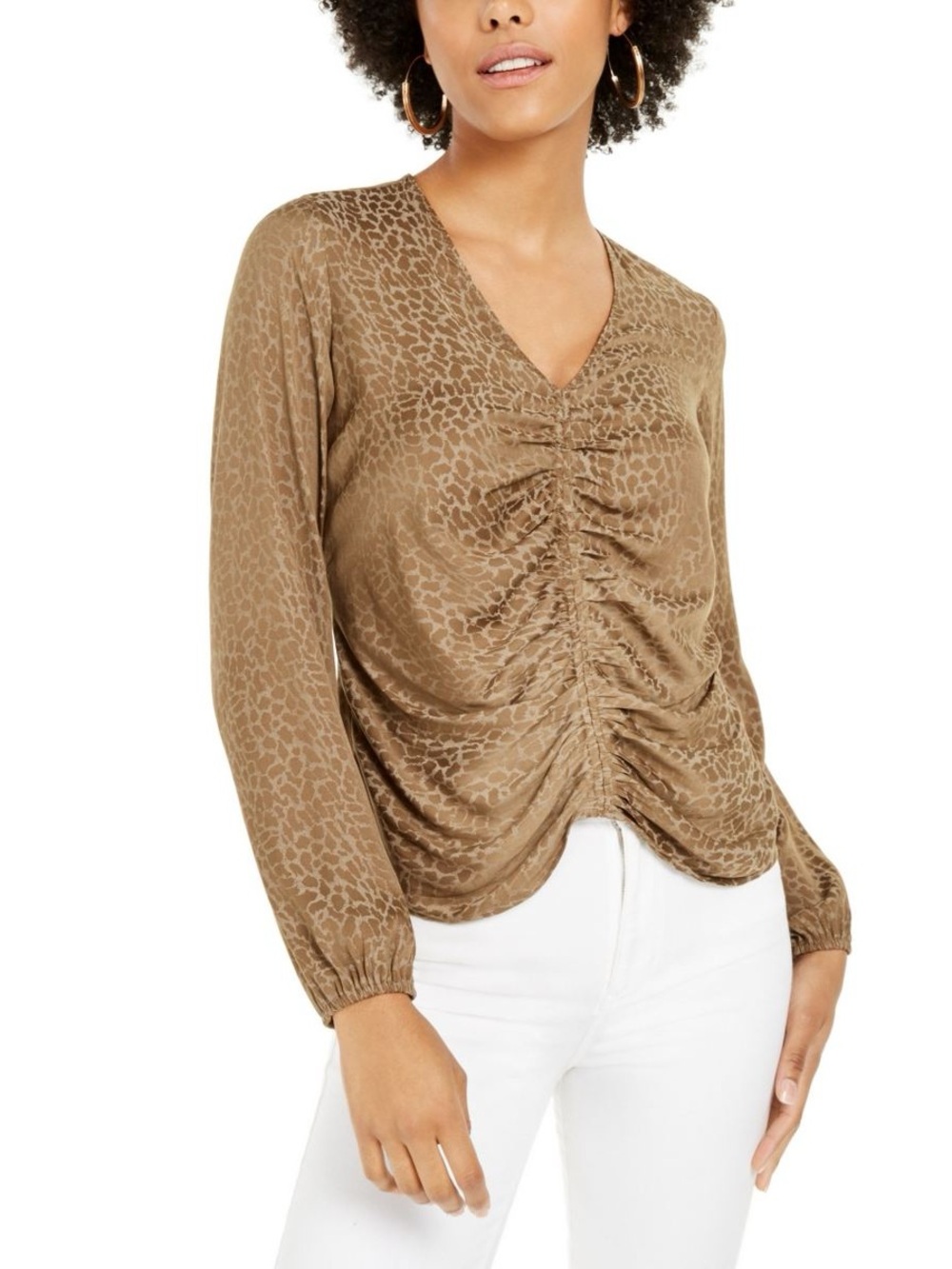 Calvin Klein Blush Pink Ruched V-Neck Long Sleeve Blouse